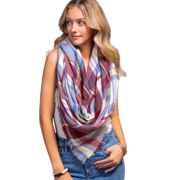 Ruggine Plaid Scarf/Wrap ~ Dusty Red, White & Blue by ~ NWOT - Picture 2 of 4